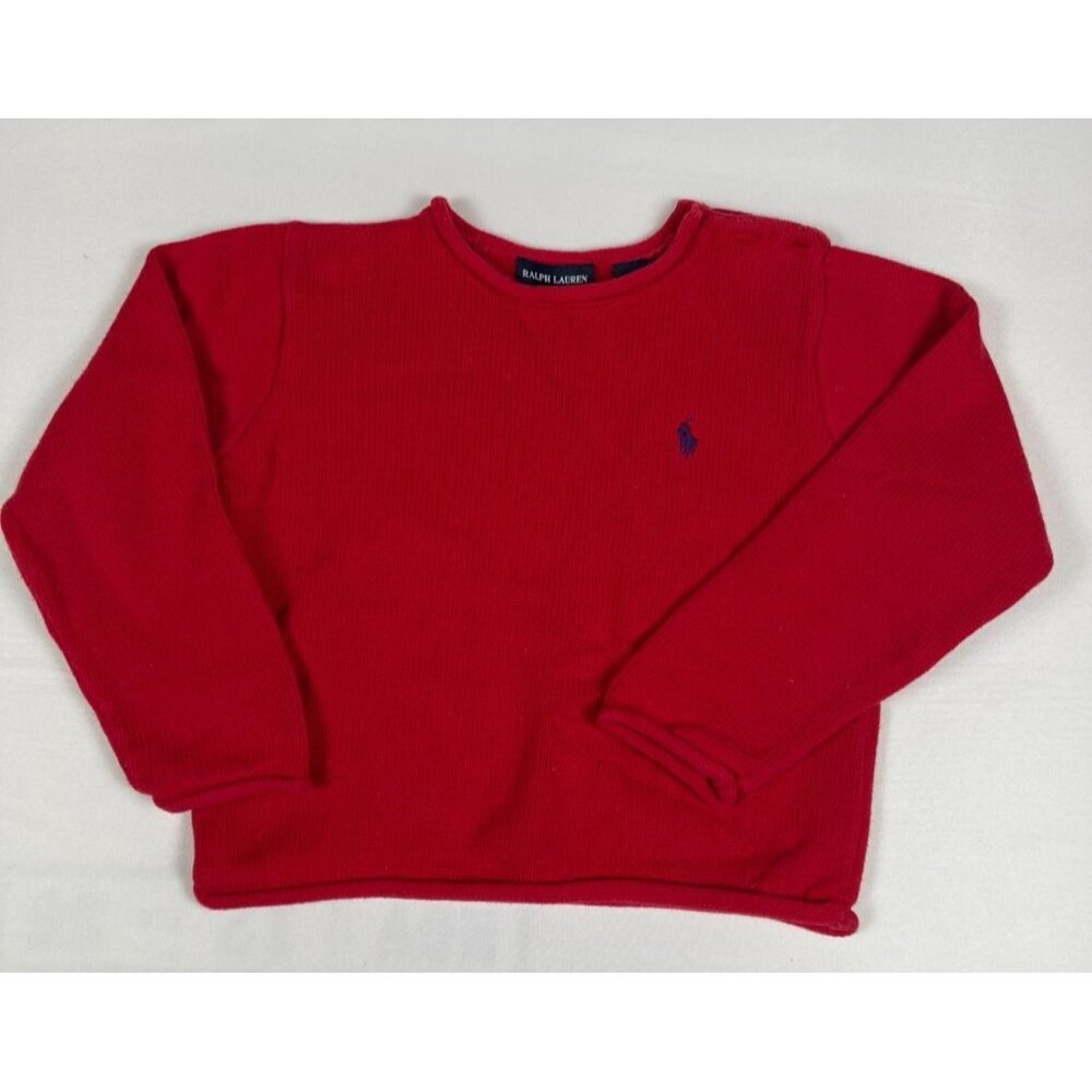 Vtg Polo Ralph Lauren Kids Size 4/5 Red Cotton Crewneck Shoulder Button Sweater